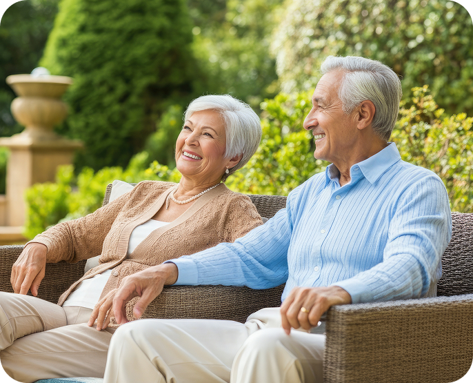 An older couple sits together on an outdoor bench, smiling and relaxed, surrounded by lush greenery on a sunny day. Both are casually dressed and appear happy, enjoying each other’s company in a peaceful senior living setting.