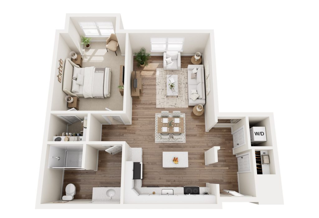 3D floor plan of a one-bedroom senior living apartment in Hilliard, Ohio, featuring a bedroom, bathroom, kitchen, dining area, living room with two sofas, laundry closet with washer/dryer, and large windows in the bedroom and living room.