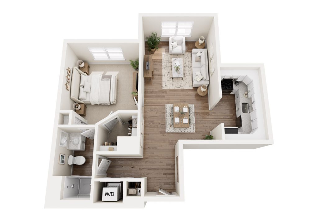 3D floor plan of a luxury one-bedroom apartment designed for independent living, featuring a bedroom, bathroom, laundry area (W/D), kitchen, dining space, and a living room with sofas. Light walls and wood flooring add to the elegant feel.