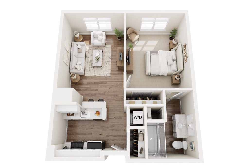 3D floor plan of a luxury one-bedroom apartment with an open living room and kitchen, a bedroom, bathroom, washer and dryer, and large windows—perfect for independent living with natural light throughout the space.