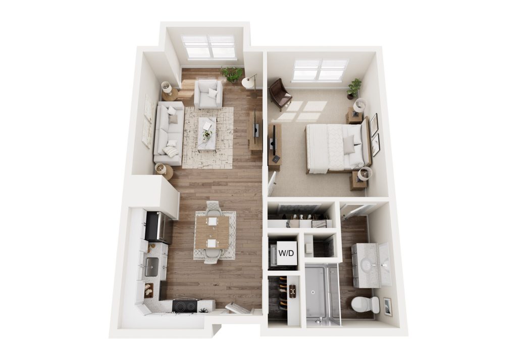 3D floor plan of a luxury one-bedroom apartment with an open kitchen and dining area, living room, bedroom, walk-in closet, bathroom, washer and dryer, light wood floors, and large windows—perfect for independent living.