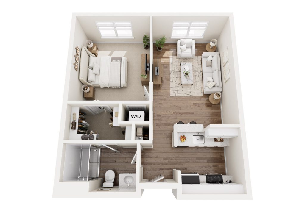 Luxury 3D floor plan of a one-bedroom apartment in Hilliard, Ohio, designed for independent living. Features include a walk-in closet, kitchen with island, washer and dryer, and a bright living room with large windows.