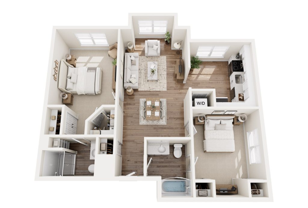 3D floor plan of a luxury two-bedroom apartment designed for senior living, featuring a spacious living room, dining area, modern kitchen, two bathrooms, washer/dryer, large windows, wood and tile flooring, and elegant furnishings.