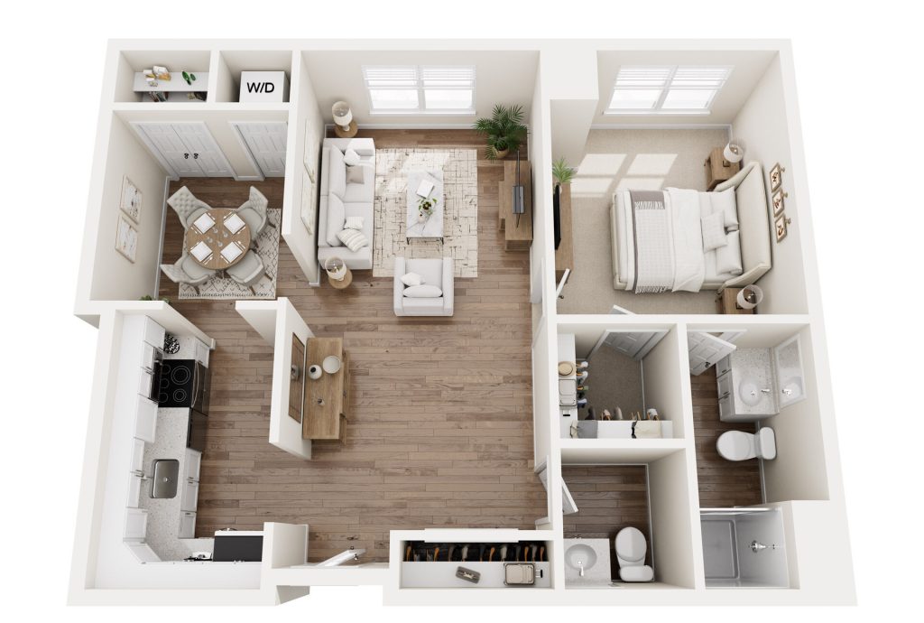 3D floor plan of a senior living one-bedroom apartment in Hilliard Ohio, featuring a kitchen, dining area, living room, bedroom, bathroom, and laundry area with washer and dryer, all with wood flooring and modern furnishings.
