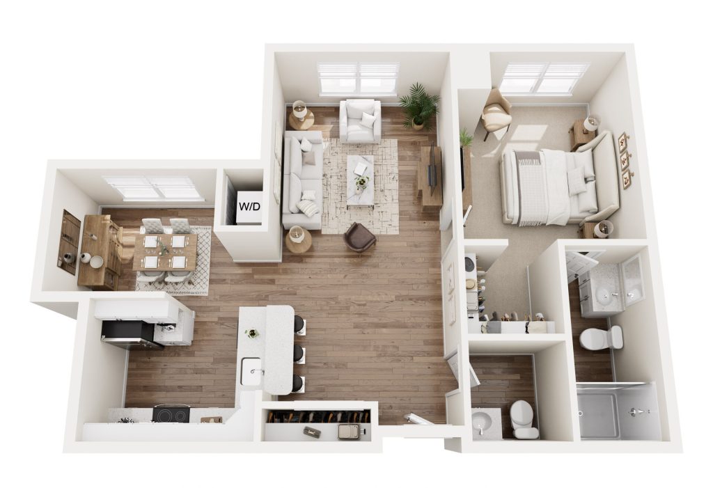 A 3D floor plan of a one-bedroom apartment designed for independent living in Hilliard, Ohio, featuring a kitchen, dining area, living room, bedroom, bathroom, large closet, laundry area with washer and dryer, wood flooring, and modern furnishings.