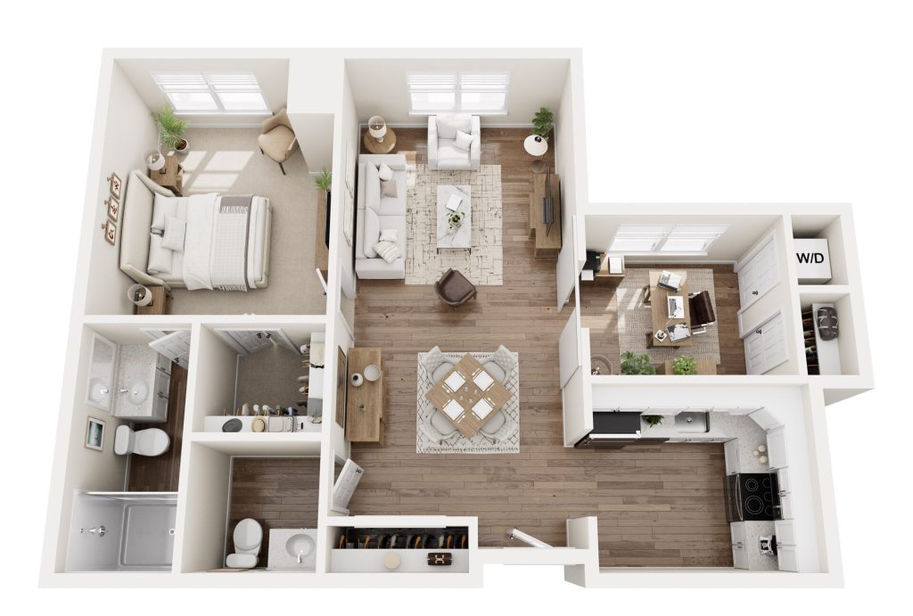 3D floor plan of a one-bedroom apartment in Hilliard, Ohio, ideal for independent living. Features bedroom, living room, kitchen, dining area, bathroom, laundry (W/D), and entryway with light decor, wood flooring, and modern furnishings throughout.