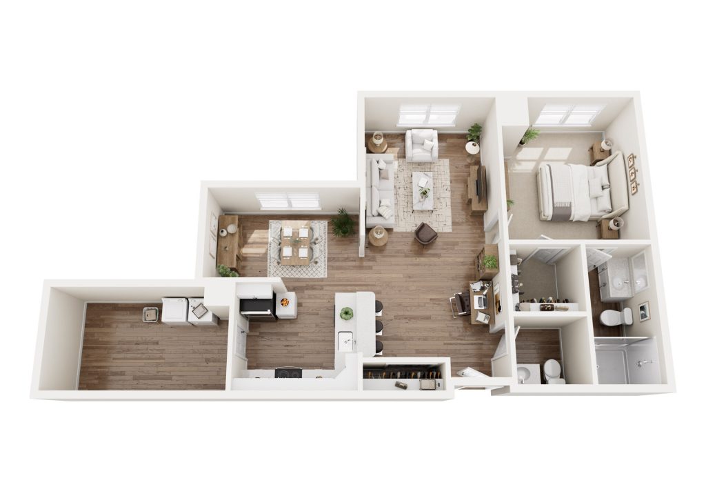 3D floor plan of a senior apartment in Hilliard, Ohio, featuring one bedroom, one bathroom, a kitchen, dining area, living room, small office space, and wood flooring throughout. Perfect for independent living with windows in the living room and bedroom.