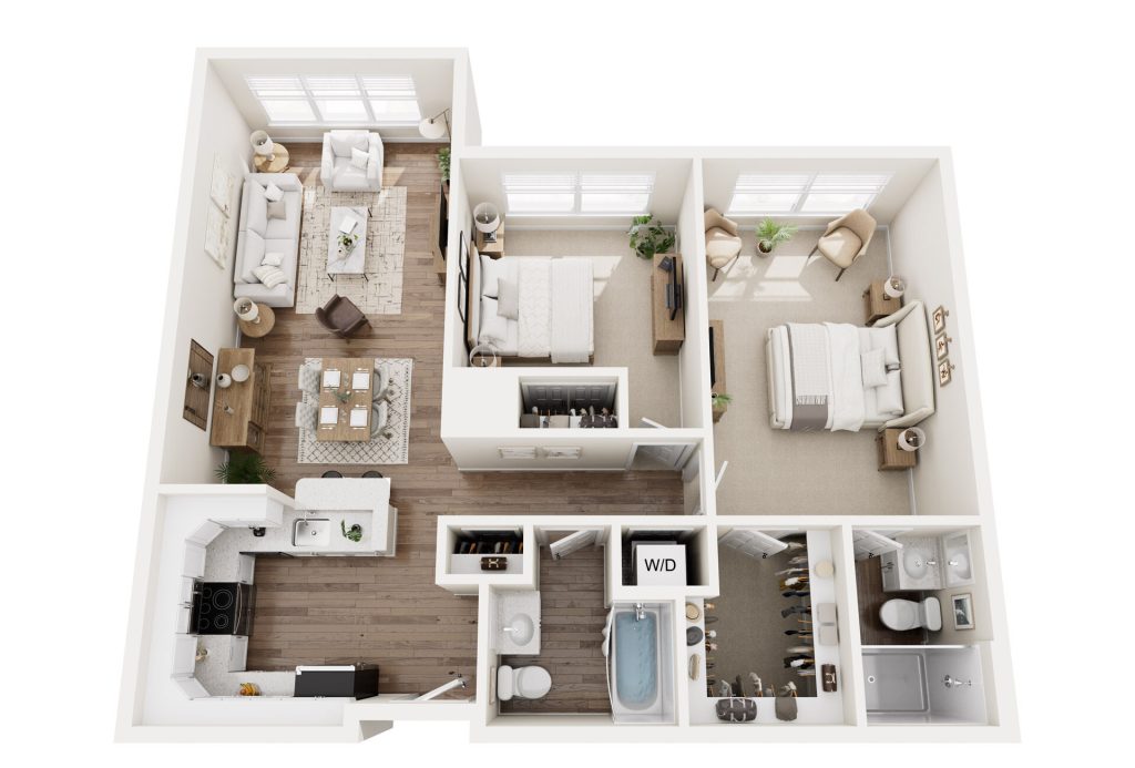 Luxury 3D floor plan of a two-bedroom, two-bath senior living apartment with kitchen, dining, and living areas, laundry space labeled W/D, and large windows. Bedrooms and main areas are furnished in neutral tones throughout.