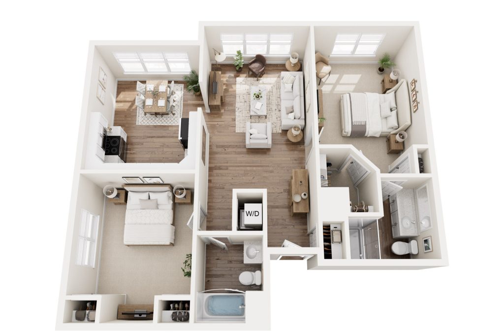 Luxury 3D floor plan of a two-bedroom, two-bathroom apartment in Hilliard Ohio, featuring modern decor, light colors, wooden flooring, and spacious bedrooms—perfect for independent living with a stylish living room and kitchen.