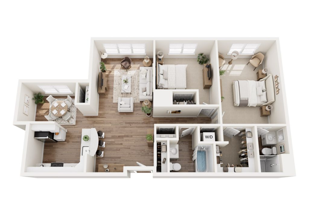 Luxury 3D floor plan of a two-bedroom, two-bath apartment in Hilliard, Ohio, with open kitchen, dining, and living area—ideal for senior living. Includes laundry area, modern furnishings, and wood-style floors throughout.