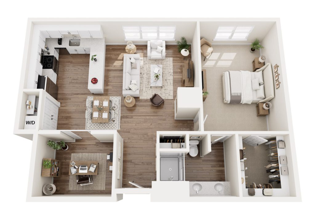 3D floor plan of a luxury one-bedroom apartment designed for independent living, featuring a kitchen, dining area, living room, office, bathroom, laundry closet, and bedroom with walk-in closet; all rooms offer wood flooring and modern furnishings.
