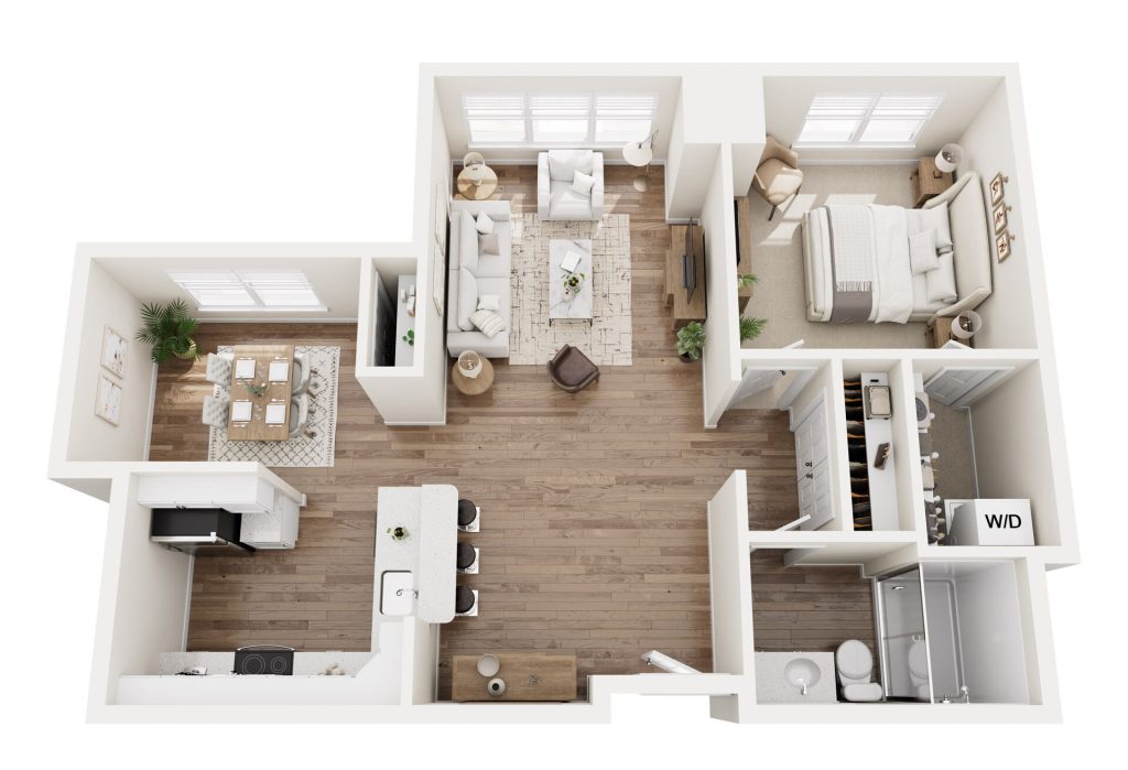 Luxury 3D floor plan of a one-bedroom apartment in Hilliard, Ohio, featuring an open kitchen, dining area, living room, bathroom, laundry (W/D), and spacious bedroom—all designed for stylish independent living with wood flooring throughout.