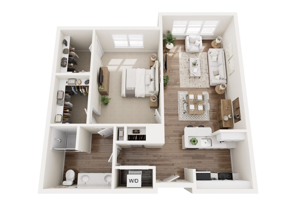 3D floor plan of a luxury one-bedroom apartment designed for senior living, featuring a bedroom with a walk-in closet, bathroom, kitchen, laundry area, and an open living-dining space with elegant sofas, chairs, and dining table.