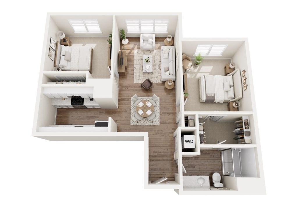 Luxury 3D floor plan of a two-bedroom apartment in Hilliard, Ohio, featuring a spacious living room, kitchen, dining area, two bedrooms, bathroom, laundry with washer and dryer, and wood-style flooring throughout the main areas.