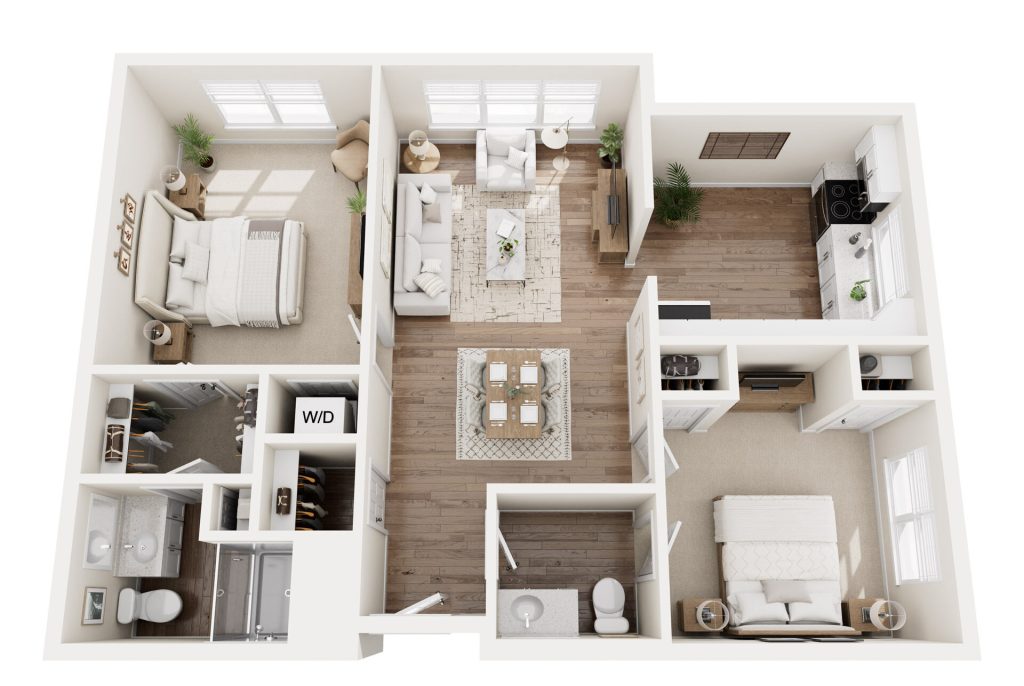 3D floor plan of a luxury two-bedroom apartment designed for independent living, featuring a modern decor, neutral tones, wooden flooring, spacious living and dining areas, kitchen, two bathrooms, laundry area, and ample closets.
