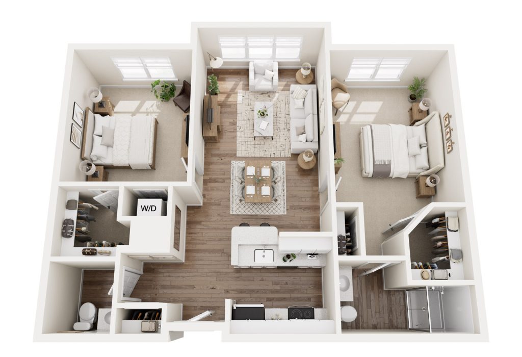 3D floor plan of a modern two-bedroom, two-bath senior living apartment with an open living room, kitchen, dining area, laundry closet, and large windows in the bedrooms and living space for comfortable independent living.