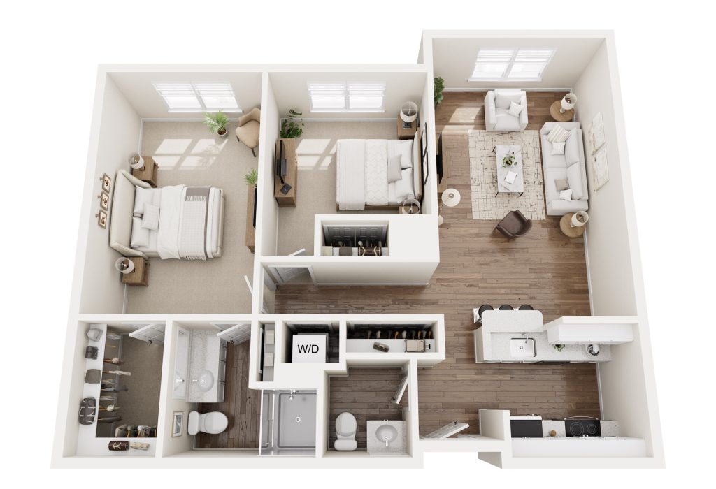 3D floor plan of a senior living apartment featuring two bedrooms, one bathroom, a living room, kitchen, dining area, laundry closet (washer/dryer), and closets. Rooms have furniture, wood and carpet flooring, and plenty of natural light.