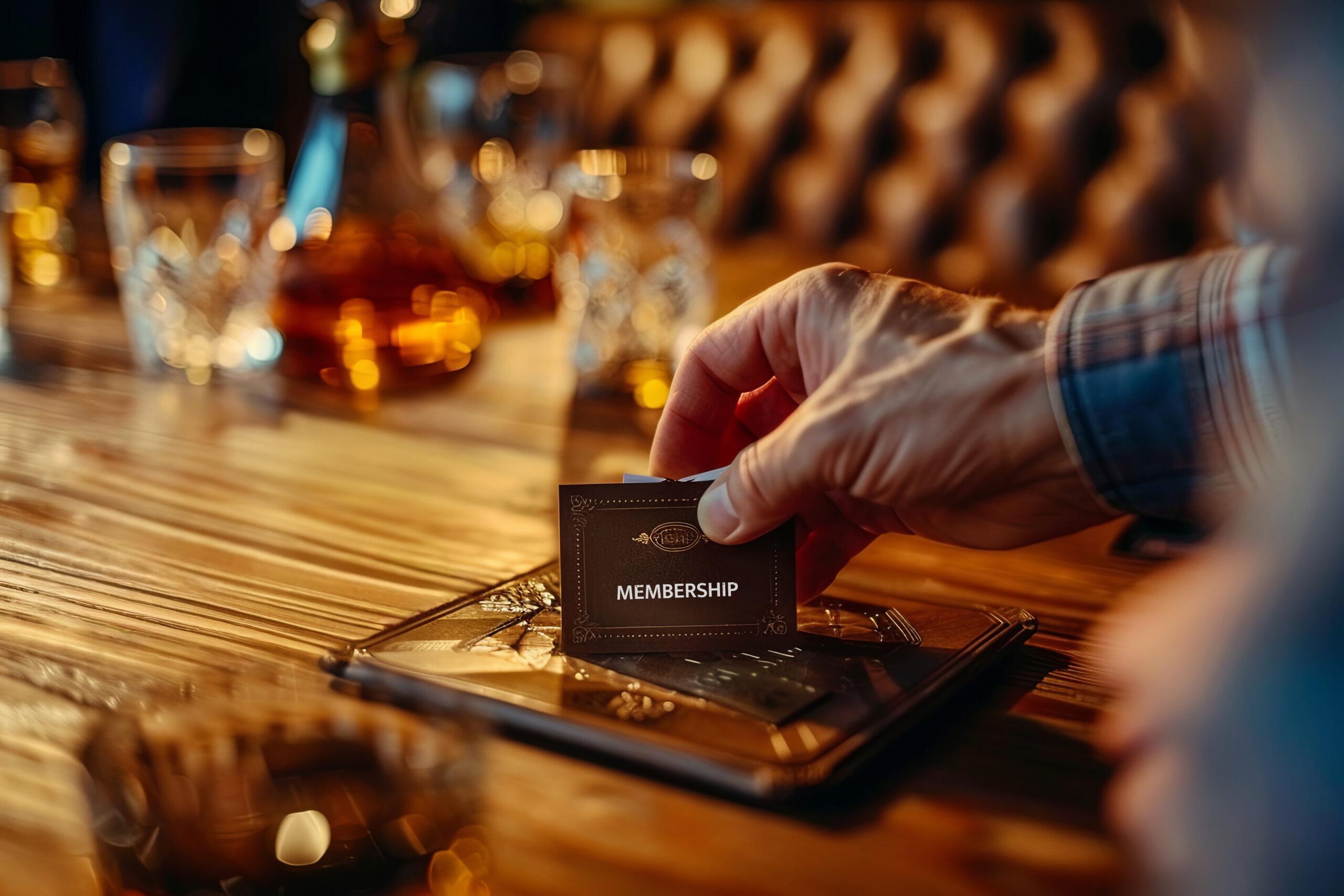A person’s hand places a membership card on a tray atop a wooden table in a dimly lit, upscale bar or lounge, hinting at exclusive partnerships, with glasses and a decanter in the background.
