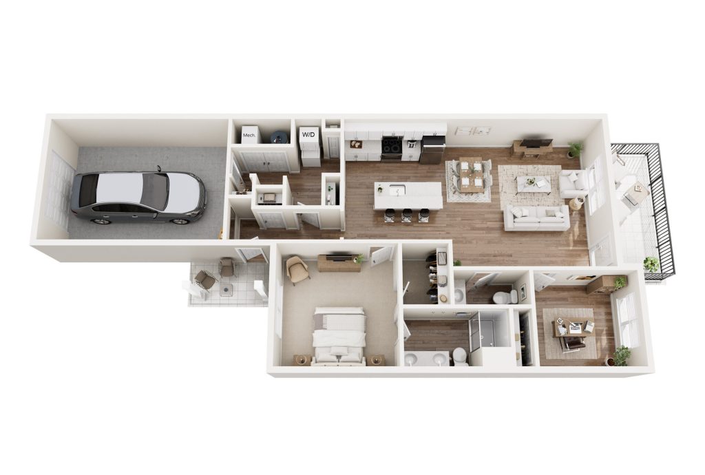 3D floor plan of a single-story home in Hilliard, Ohio, designed for senior living with a garage, kitchen, dining area, living room, bedroom, bathroom, home office, laundry room, and outdoor patio featuring modern furnishings and decor.