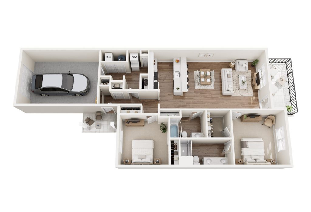 Luxury 3D floor plan of a modern Hilliard Ohio apartment, featuring two bedrooms, two bathrooms, an open kitchen and living area, laundry room, garage, small patio, and a balcony with outdoor seating—ideal for senior living.