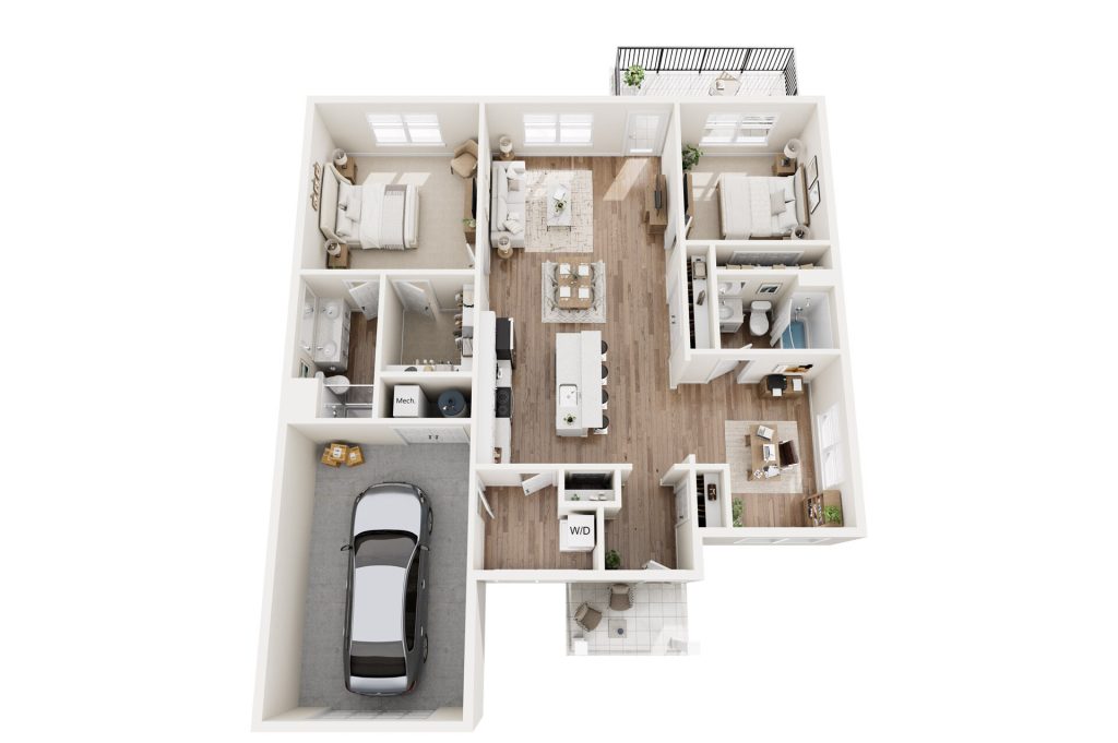 3D floor plan of a modern Hilliard, Ohio apartment with three bedrooms, two bathrooms, kitchen, living and dining area, laundry room, office, balcony, and attached one-car garage—ideal for senior living with light wood floors and neutral décor throughout.