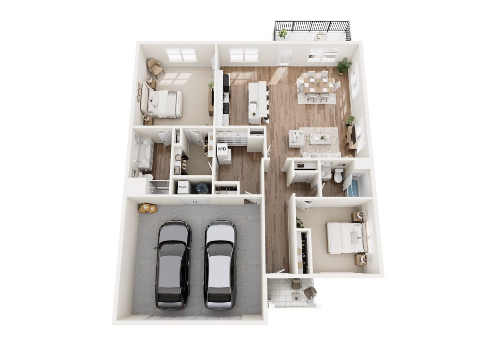 Luxury 3D floor plan of a single-story home featuring two bedrooms, two bathrooms, a kitchen, dining and living area, laundry room, two-car garage, balcony, and stylish furnishings—ideal for senior independent living.