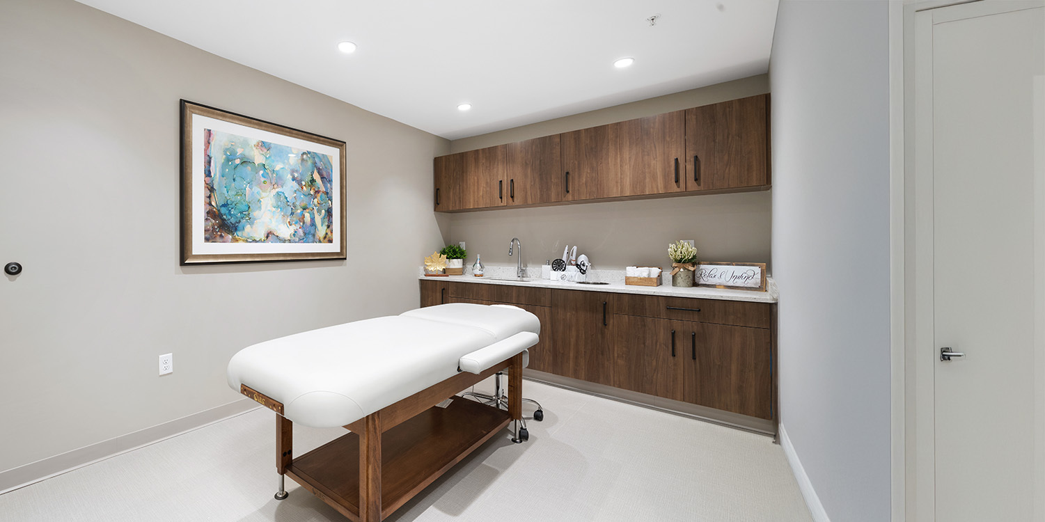 A modern spa room with a massage table, wooden cabinets, a countertop with sink, decorative plants, and a colorful abstract painting on the wall. The space is clean and well-lit.