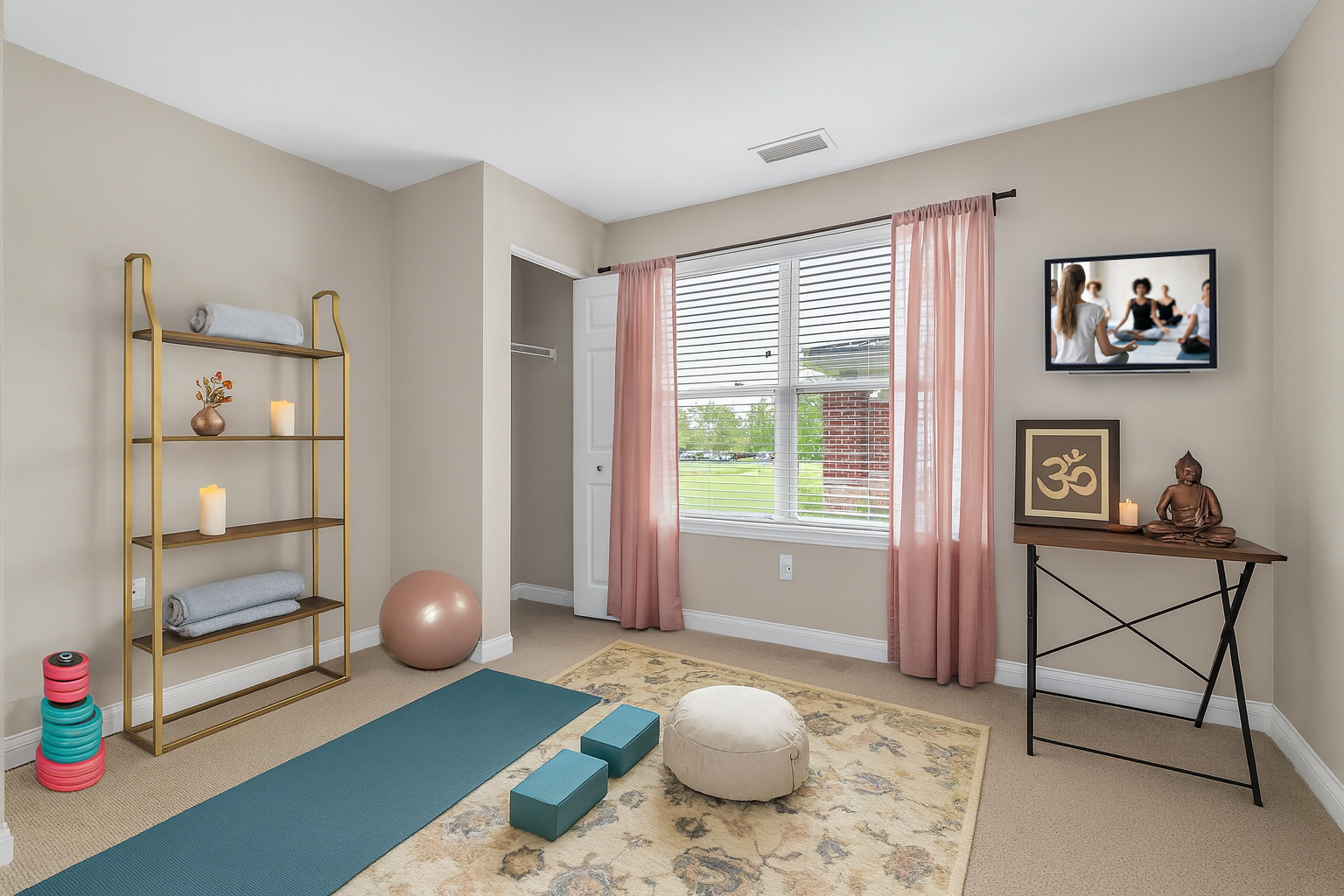 A bright home yoga room with a mat, blocks, bolster, and exercise ball on a rug offers more space for your practice. Shelves hold towels, candles, and decor. A Buddha statue and Om symbol sit on a table while pink curtains frame the large window.