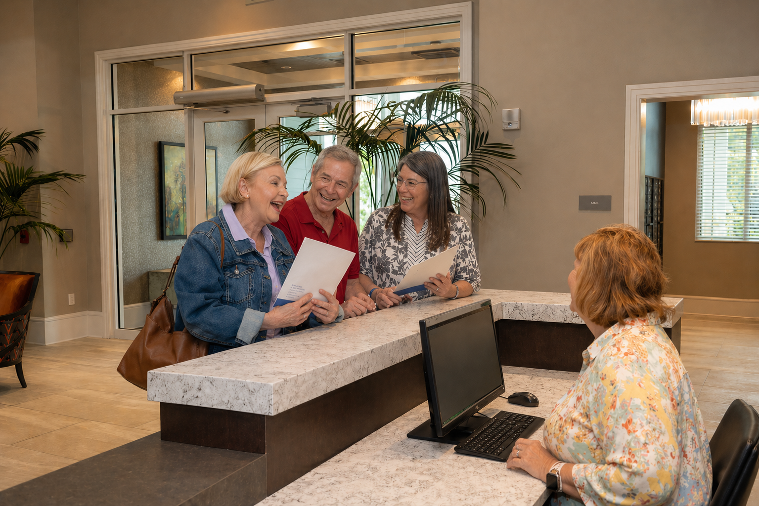 Three older adults stand at the Verena at Hilliard reception desk, smiling and holding papers, while a receptionist greets them from behind the counter in a bright, modern lobby.
