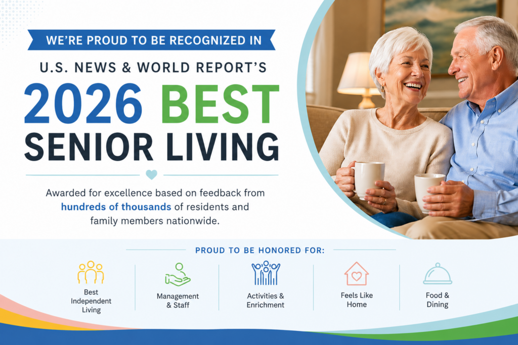 An older woman and man smile while sitting together with coffee mugs. The image announces Verena at Hilliard’s 2026 U.S. News award for Best Senior Living, honoring excellence in independent living, staff, activities, and dining.
