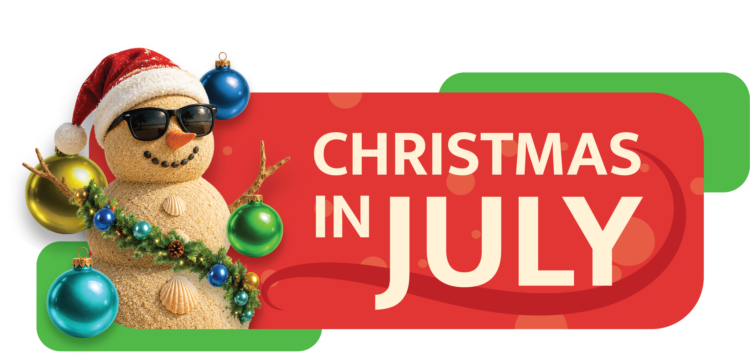 A sand snowman wearing sunglasses and a Santa hat, decorated with seashells and Christmas ornaments, stands next to a red and green CHRISTMAS IN JULY banner highlighting exciting Special Offers.