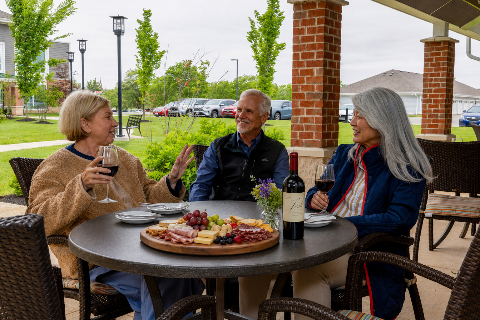 Three smiling older adults sit at a round outdoor table with wine and a charcuterie board, enjoying conversation in the covered patio area at Verena at Hilliard, surrounded by greenery and brick columns.