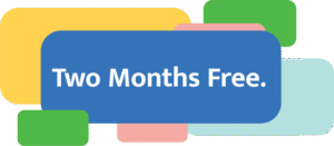 Blue rectangle with white text reading Two Months Free. Colorful rounded rectangles in yellow, green, pink, and light blue are layered in the background, creating a vibrant Hilliard-inspired design.