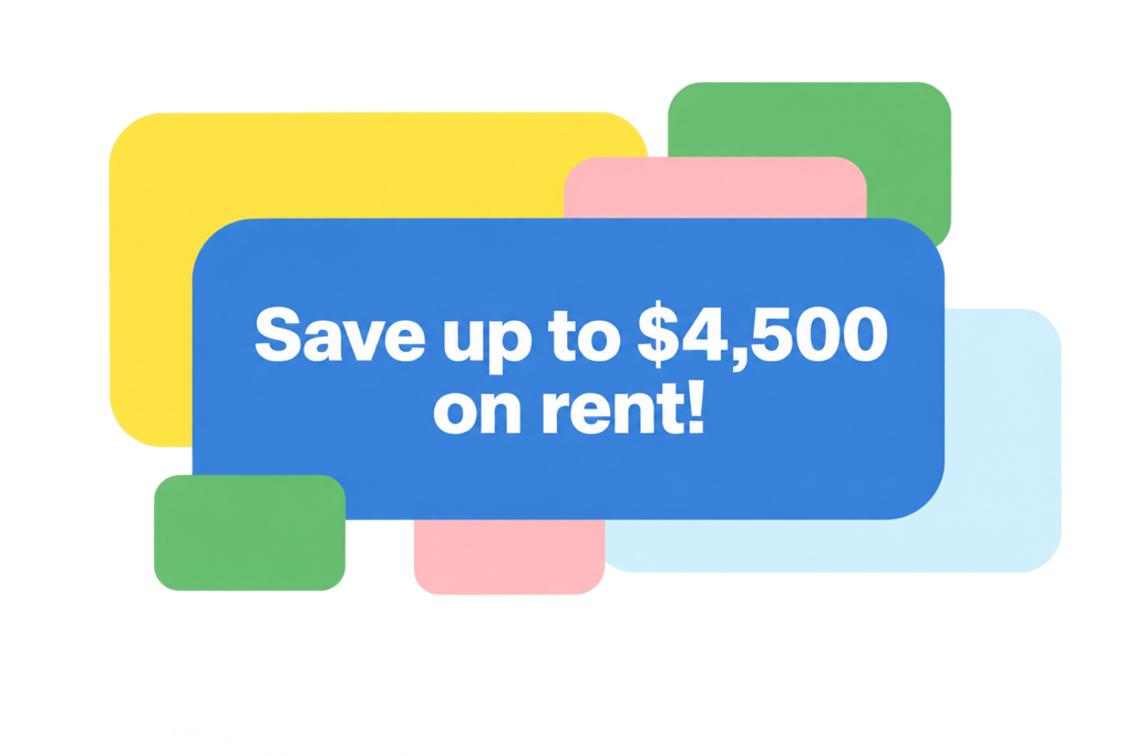 Blue box with white text reads Save up to $4,500 on Hilliard rent! Surrounded by overlapping rounded rectangles in yellow, green, pink, and light blue on a white background.